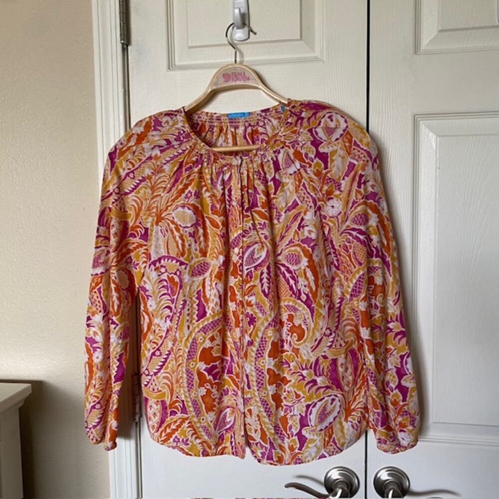J. McLaughlin Button Up Smocked‎ Trim Paisley Top Elastic Cuffs Women's Small